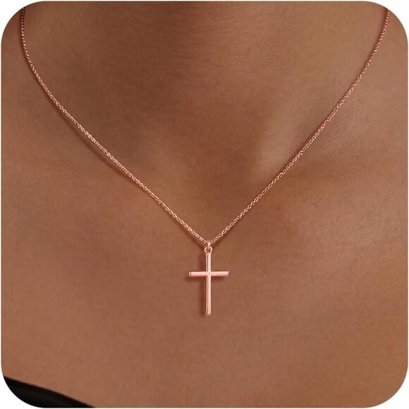 04 Simple Rose Cross Necklaces Women's Plated Dainty Silver Small Cross Pendant - Picture 1 of 5